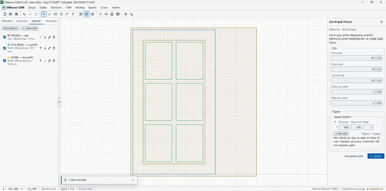 GMacros CAM main window: the Operations panel on the left lists a FATURA pocket, a CITA PANEL inside profile and a KESIM outside profile; a slatted cabinet door drawing in the middle and the slat door dimension form on the right.
