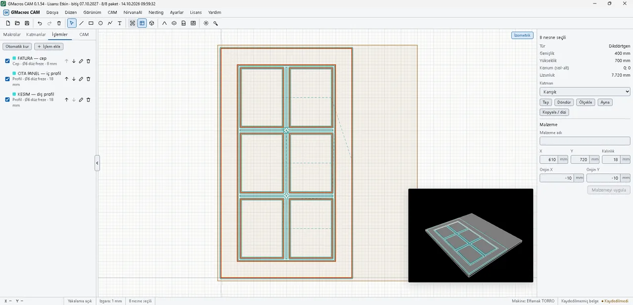 GMacros CAM main window: the Operations panel on the left lists a FATURA pocket, a CITA PANEL inside profile and a KESIM outside profile; the slatted cabinet door drawing with its toolpaths in the middle and an isometric preview at the bottom right.