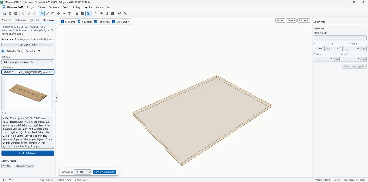 NirvanaAI panel: the “Signs and lettering panels” category, a preview of the “WELCOME lettering relief sign” example, the detailed description text and the “Prepare model” button; 600×400×18 mm stock on the right.