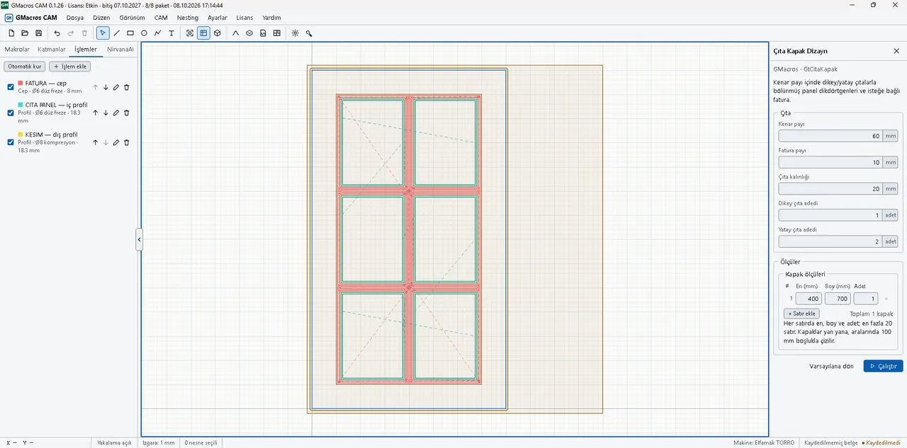 Toolpath of the slatted cabinet door in 2D view: red rebate pocket passes, green inside profile paths and dashed rapid moves.